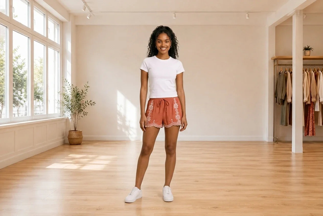 Model wearing Teen X-Small Shorts Teen Embroidered Shorts (Young Women's Fit) in Online Warehouse Sale boutique studio