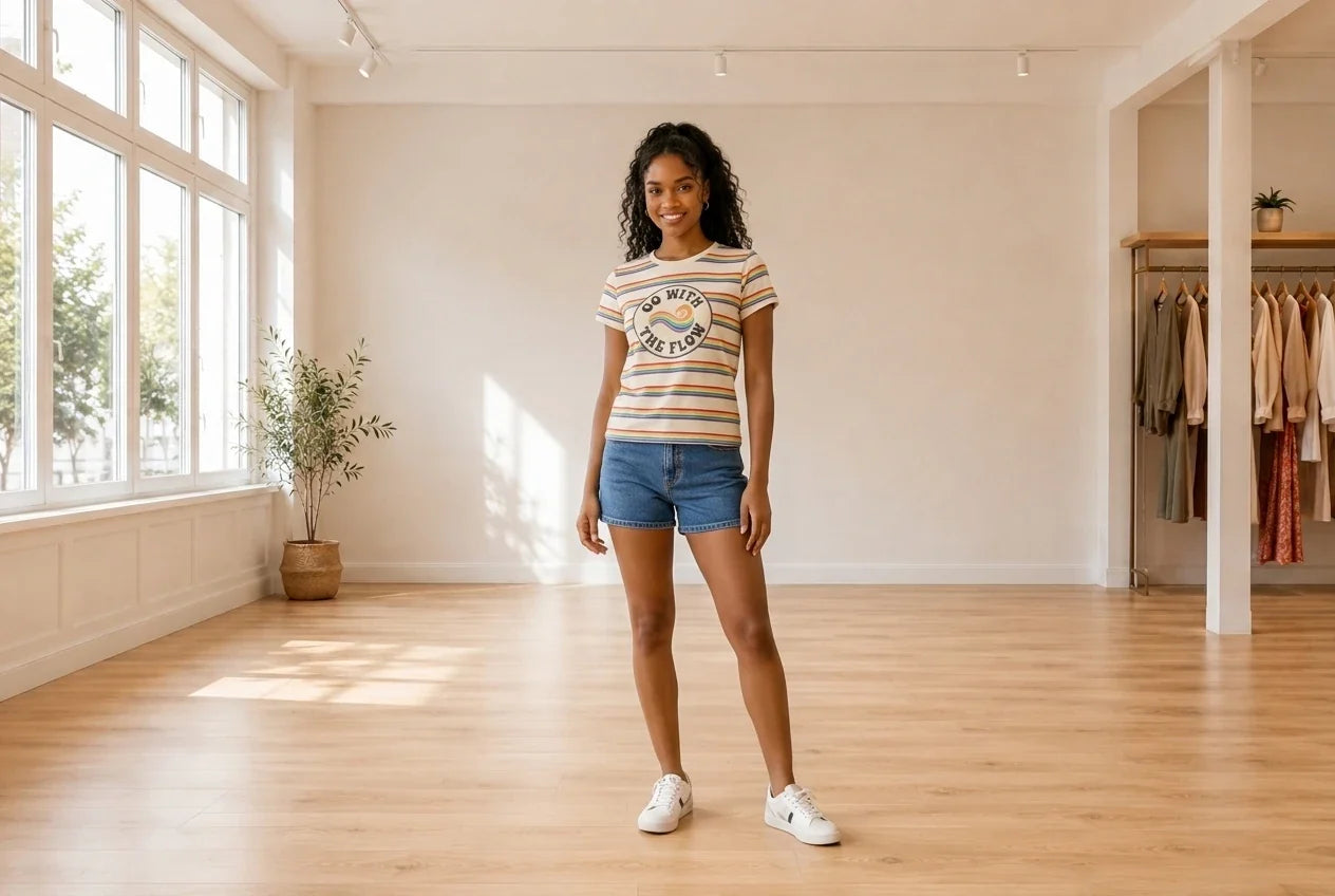 Model wearing Teen X-Small T-Shirts Teen Go With The Flow Striped Graphic T-Shirt (Young Women's Fit) in Online Warehouse Sale boutique studio