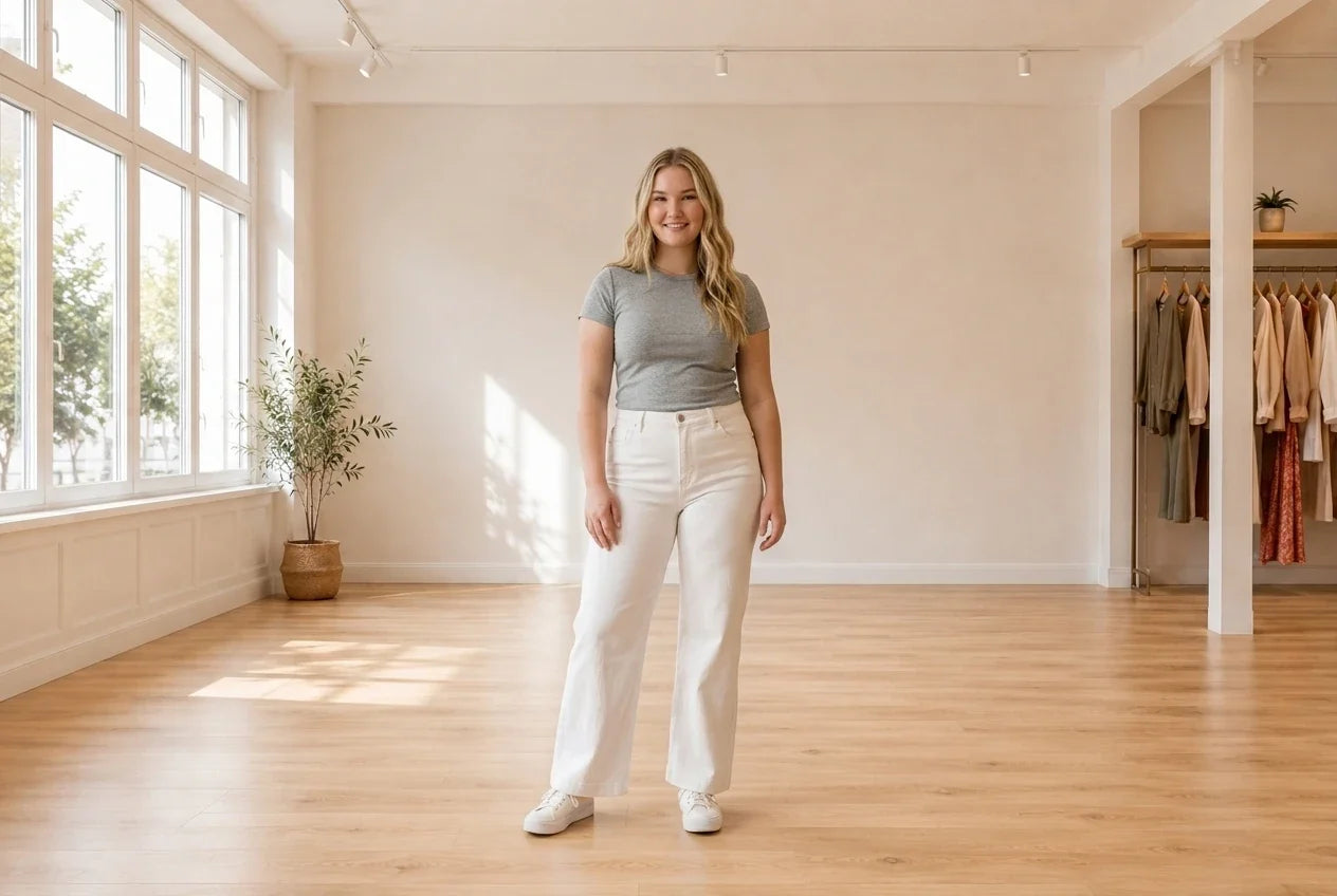 Model wearing Teen XX-Large Bottoms (Young Women's) Women's Wide-Leg Tummy-Control Jeans in Online Warehouse Sale boutique studio