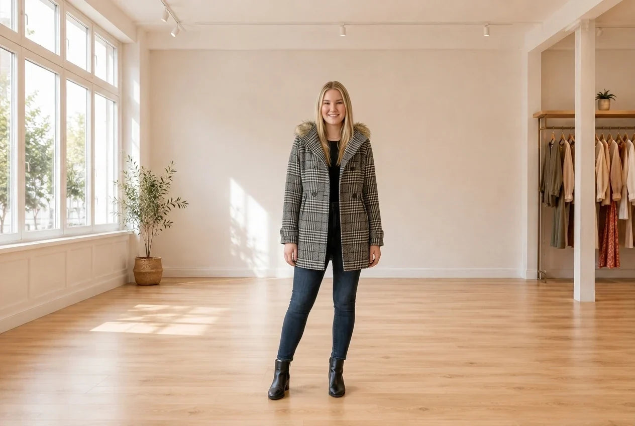 Model wearing Teen XX-Large Coats, Jackets and Blazers Teen Faux-Fur Trim Plaid Coat (Young Women's Fit) in Online Warehouse Sale boutique studio