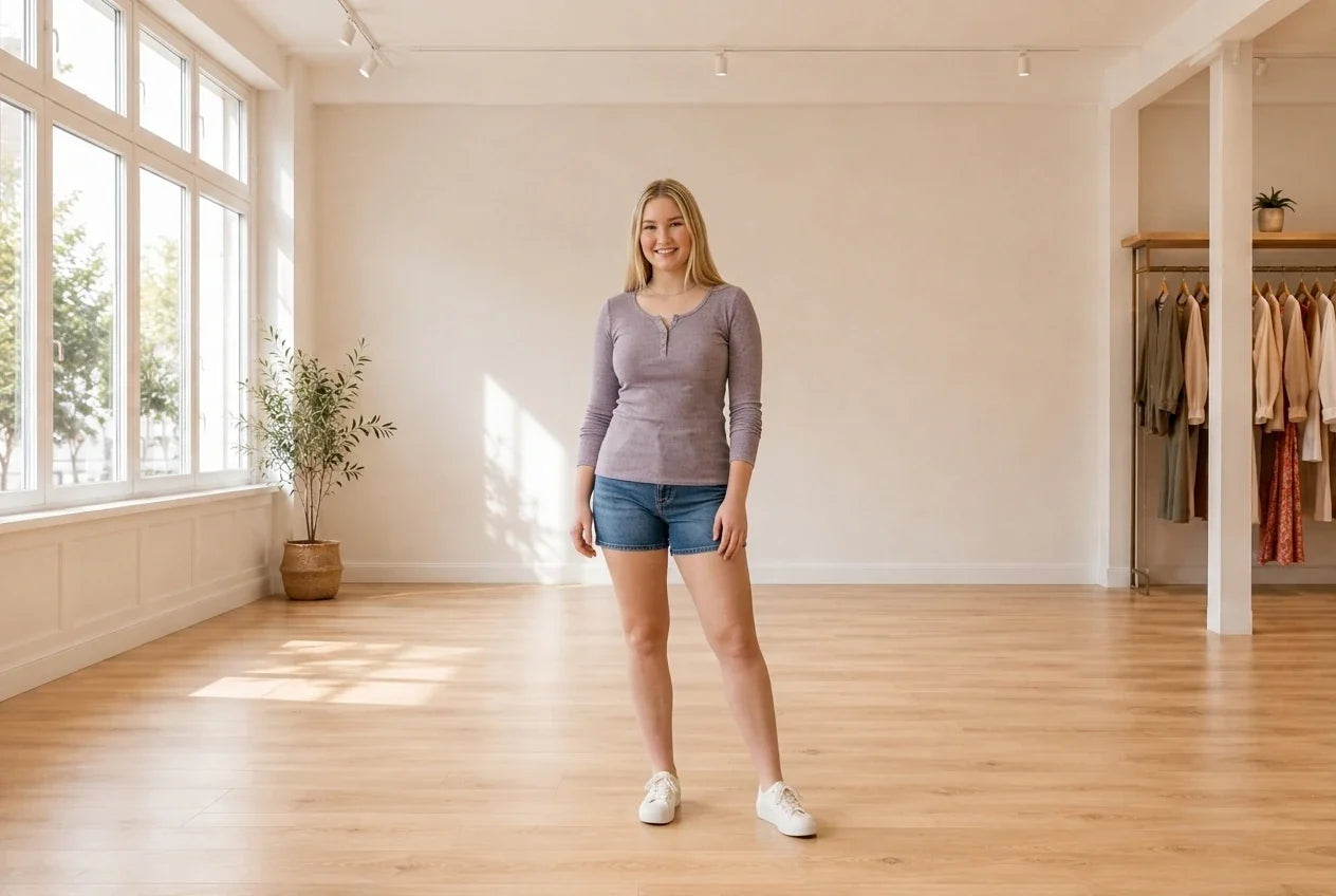Model wearing Teen XX-Large T-Shirts Teen Rib-Knit Henley T-Shirt (Young Women's Fit) in Online Warehouse Sale boutique studio