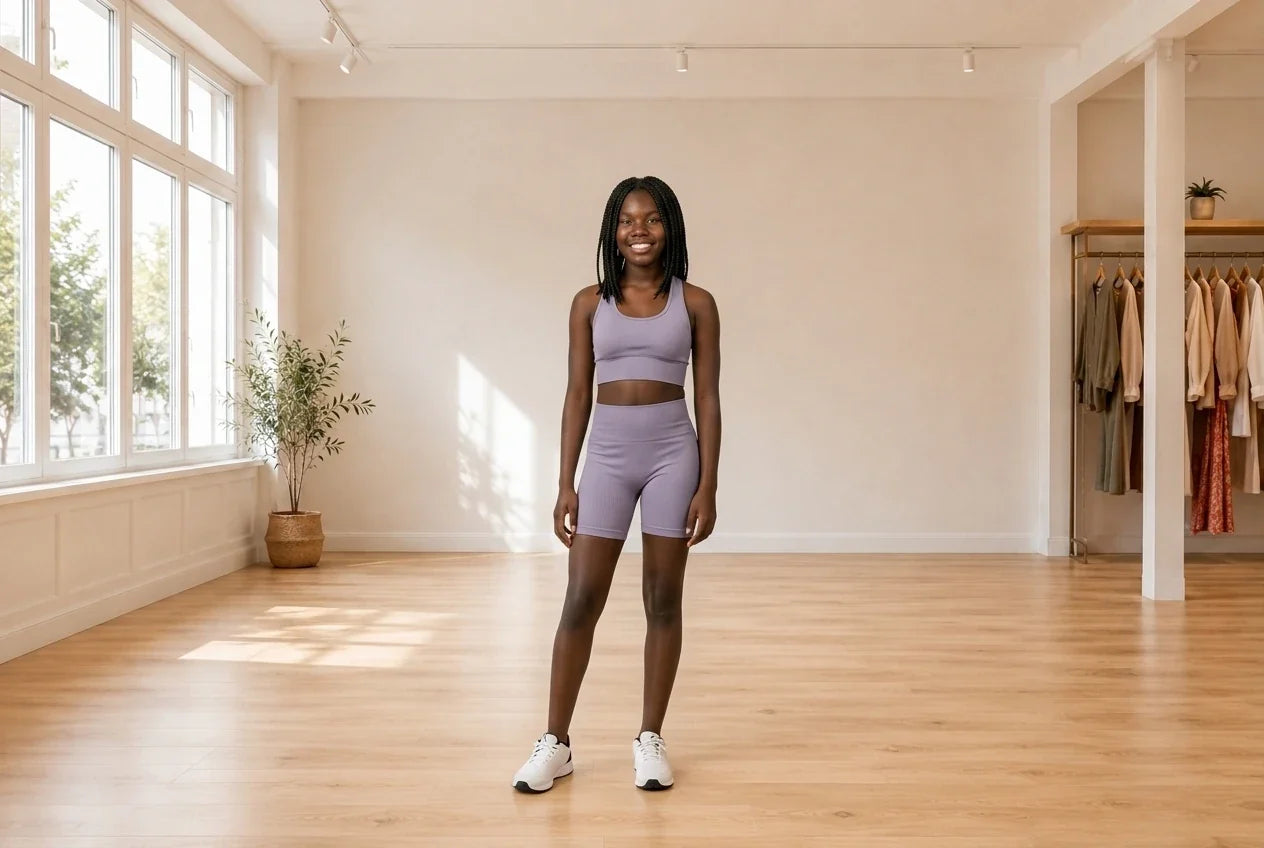 Model wearing Teen XX-Small Bras seamless sports bra and matching shorts in Online Warehouse Sale boutique studio