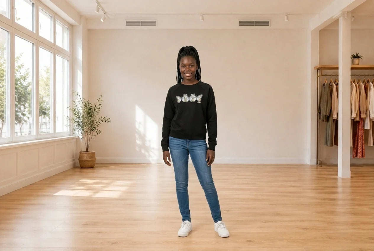 Model wearing Teen XX-Small Hoodies and Sweatshirts (Young Women's) Teen Seaspray Printed Sweatshirt in Online Warehouse Sale boutique studio
