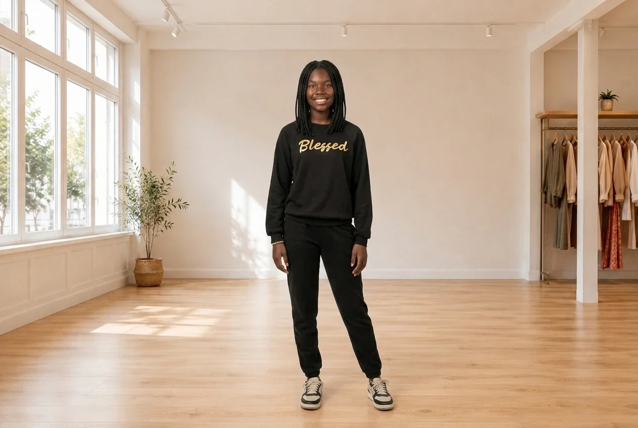 Model wearing Teen XX-Small Loungewear and Pajamas Teen Metallic Blessed Graphic Sweatshirt (Young Women's Fit) in Online Warehouse Sale boutique studio