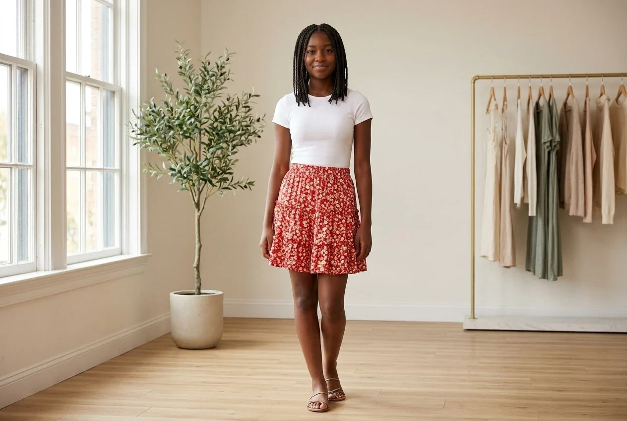 Model wearing Teen XX-Small Skirts Teen Printed Ruffle-Hem Skirt (Young Women's Fit) in Online Warehouse Sale boutique studio