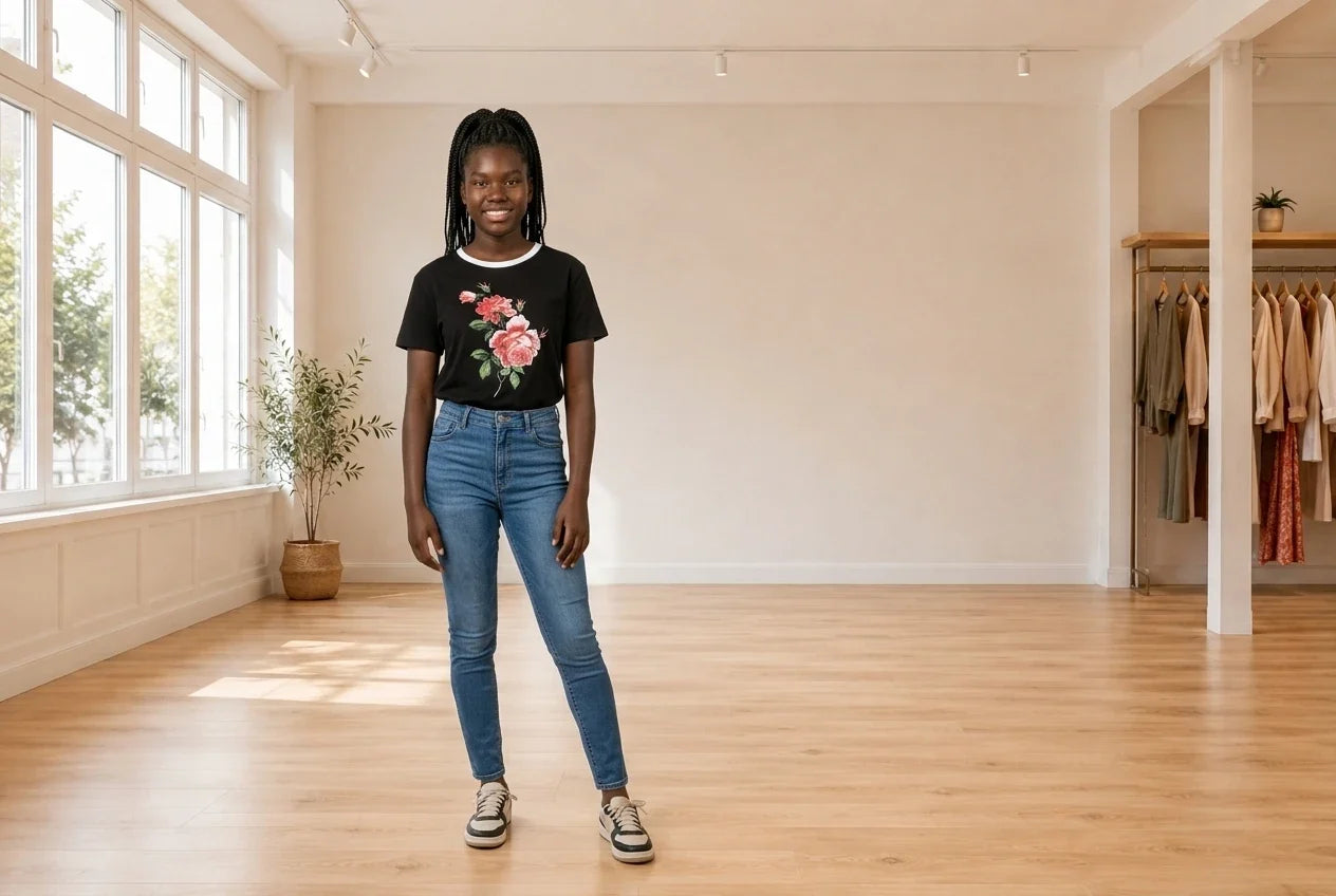 Model wearing Teen XX-Small Tops (Young Women's) Teen Cotton Rose Graphic T-Shirt in Online Warehouse Sale boutique studio