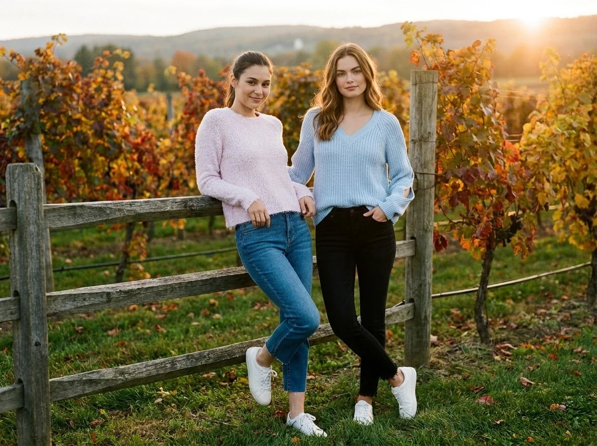 Two women standing outdoors in a vineyard at sunset, wearing knit sweaters and jeans. One wears a light pink sweater with blue jeans and white sneakers, and the other wears a light blue sweater with black jeans and white sneakers.