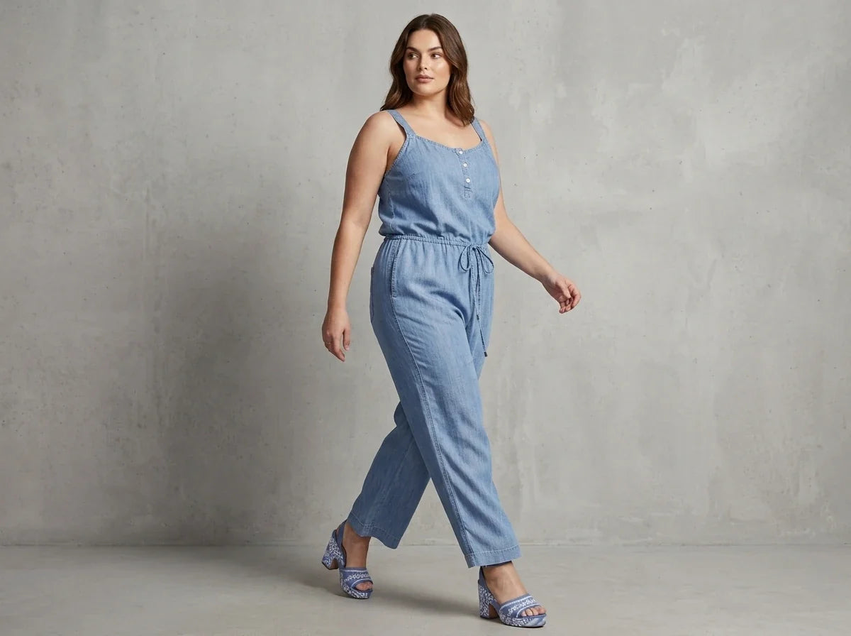 A woman modeling a light blue denim jumpsuit with a button-up front and drawstring waist, standing against a textured gray studio wall.