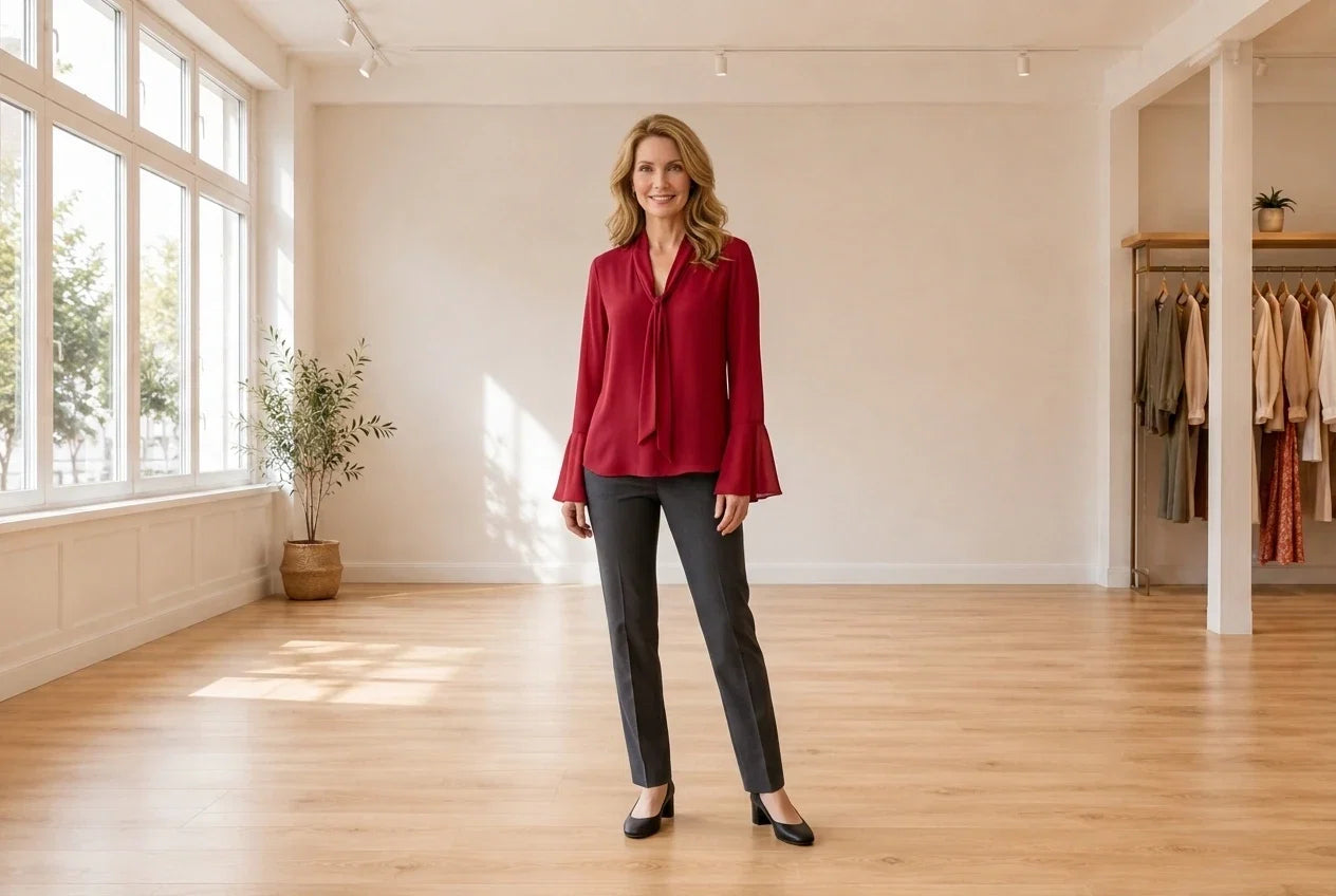 Model wearing Women's Large Blouses Women's Tie-Neck Bell-Sleeve Blouse in Online Warehouse Sale boutique studio