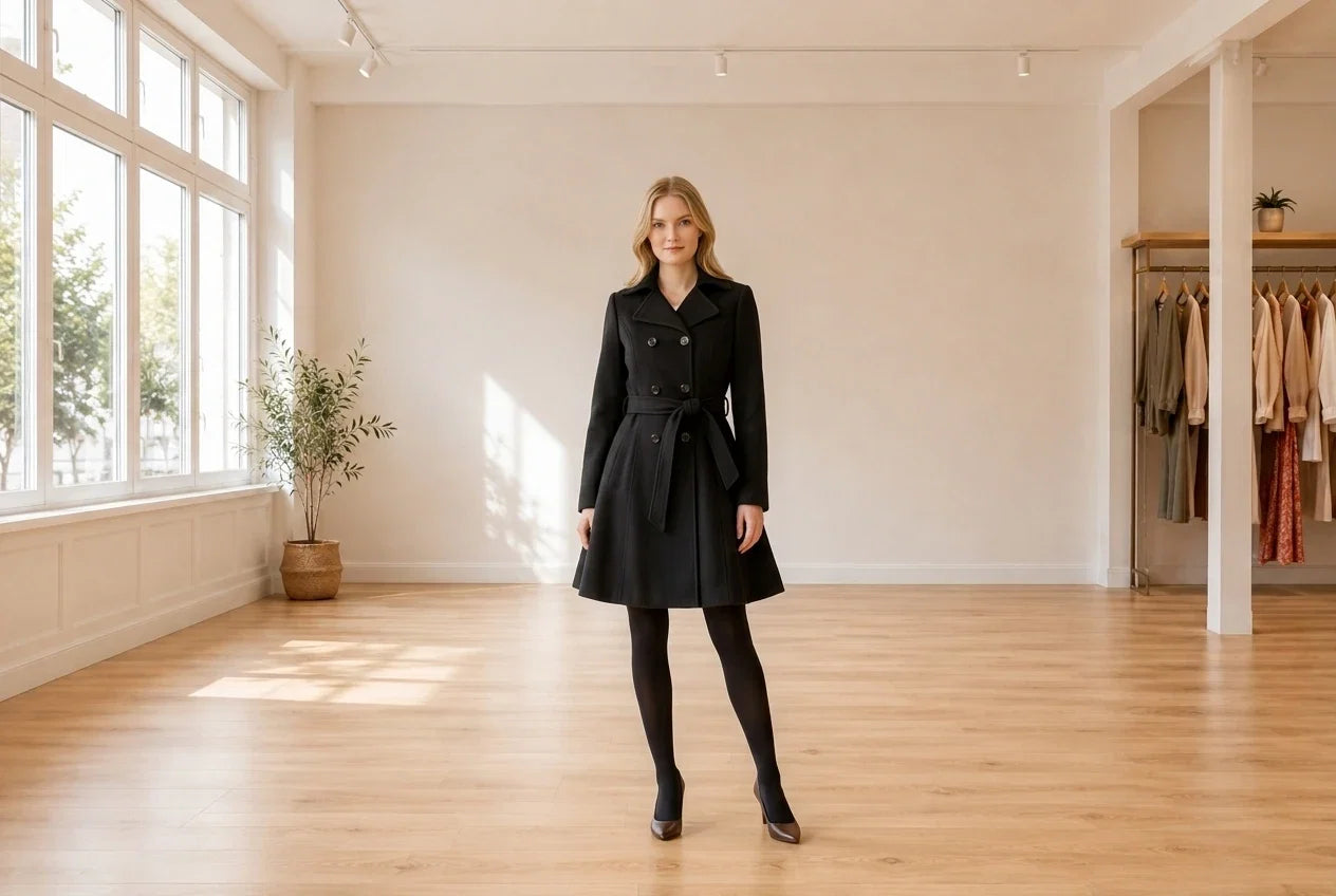 Model wearing Women's Large Coats, Jackets and Blazers Women's Skirted Walker Coat in Online Warehouse Sale boutique studio