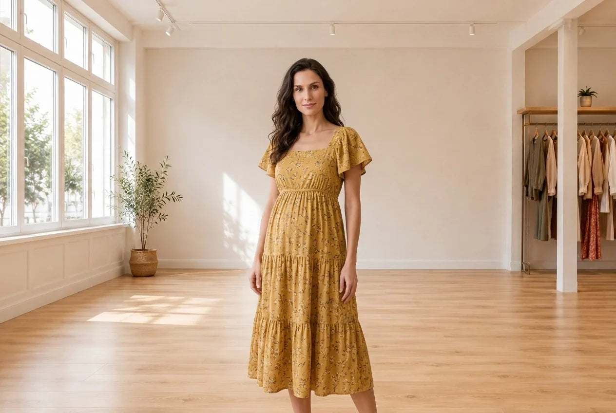 Model wearing Women's Large Dresses Women's Cotton A-Line Maternity Dress in Online Warehouse Sale boutique studio