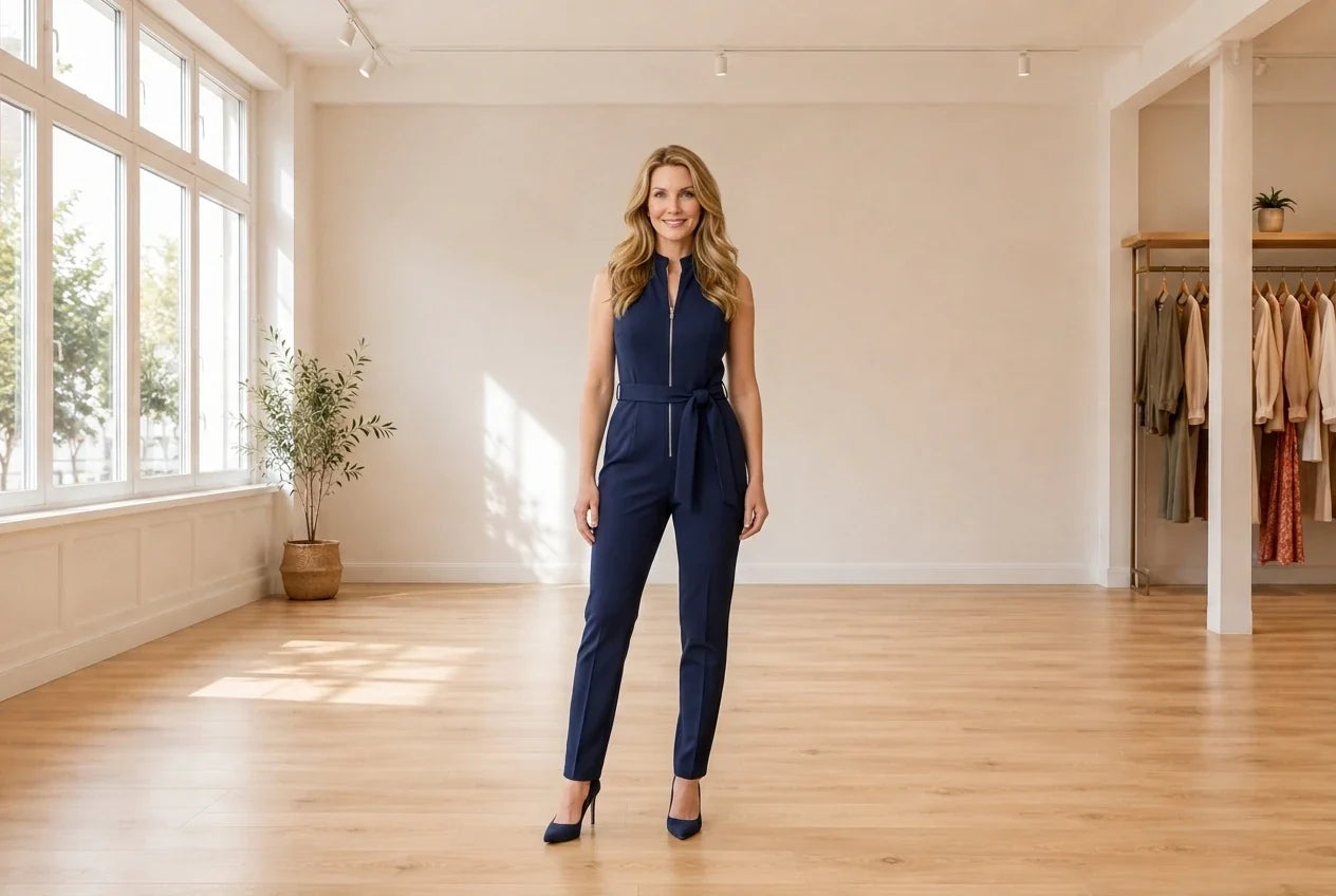 Model wearing Women's Large Jumpsuits and Rompers Women's Zip-Front Belted Jumpsuit in Online Warehouse Sale boutique studio