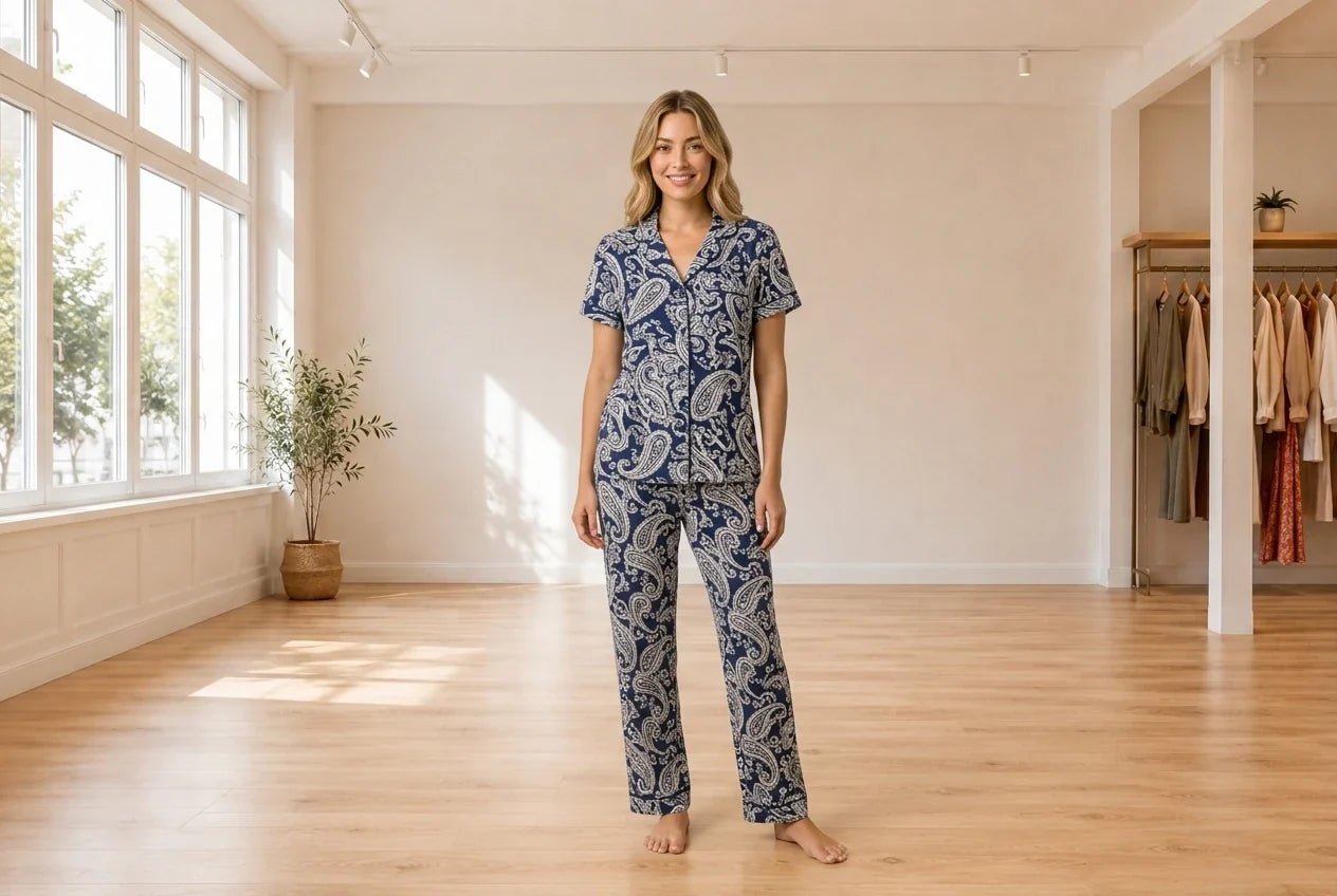 Model wearing Women's Large Loungewear and Pajamas Women's Cedella Paisely-Print Pajama Set in Online Warehouse Sale boutique studio