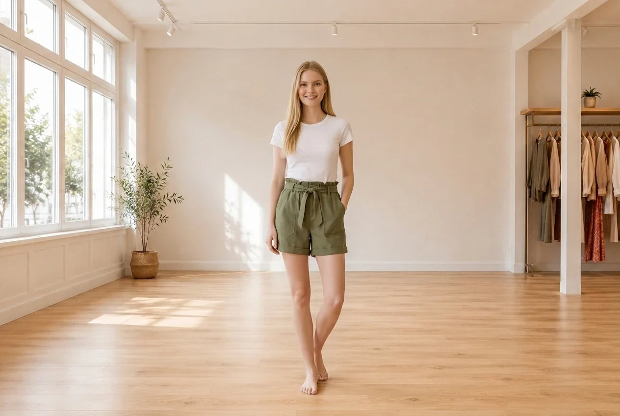 Model wearing Women's Large Shorts Women's Paperbag-Waist Shorts in Online Warehouse Sale boutique studio