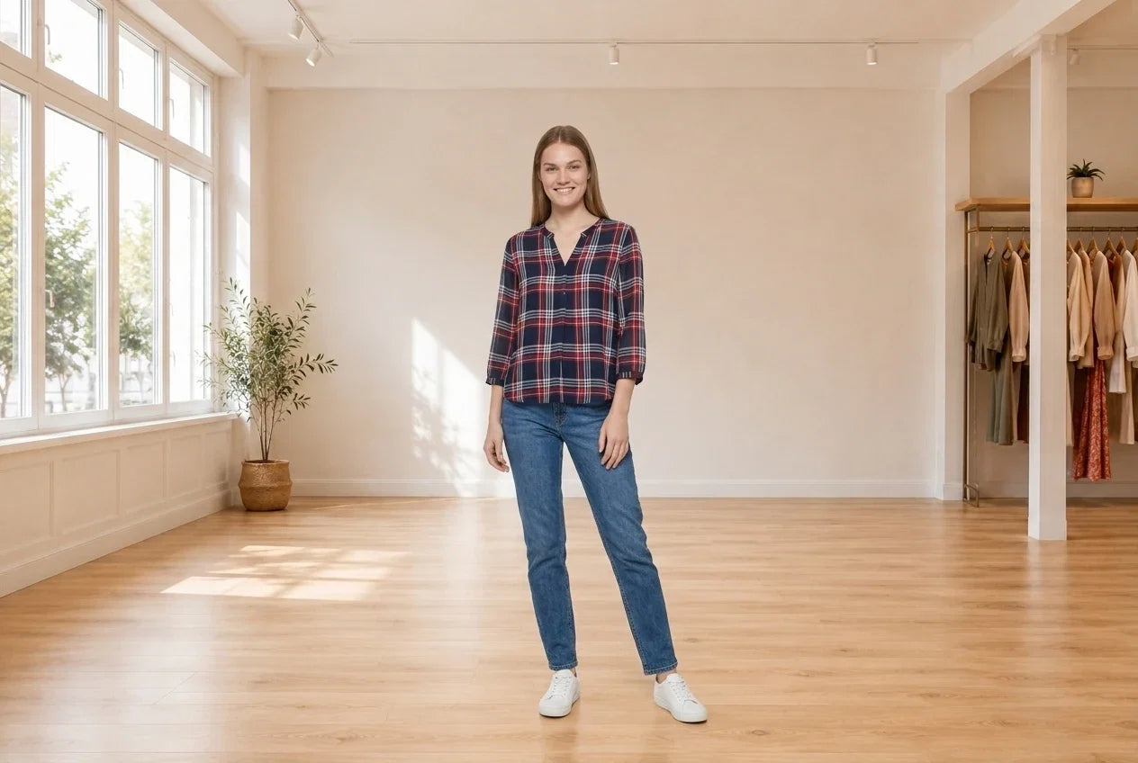 Model wearing Women's Medium Blouses Women's Plaid Shirt in Online Warehouse Sale boutique studio