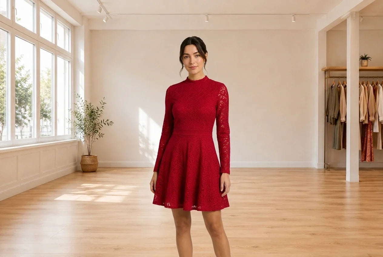 Model wearing Women's Medium Dresses Women's Holiday Long Sleeve Party Dress in Online Warehouse Sale boutique studio