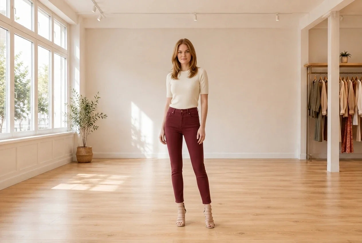 Model wearing Women's Medium Jeans Women's Ellie High-Rise Skinny Jeans in Online Warehouse Sale boutique studio