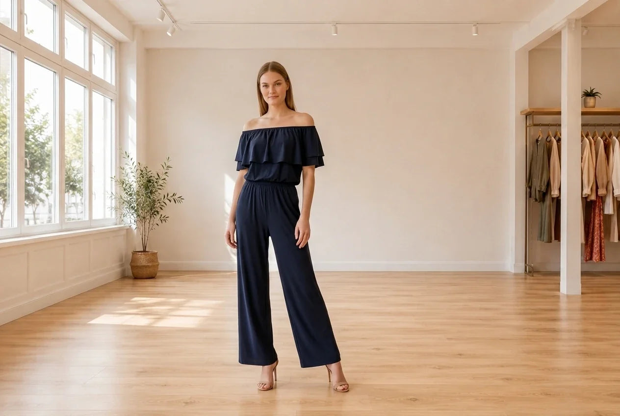 Model wearing Women's Medium Jumpsuits and Rompers Women's Off-The-Shoulder Blouson Jumpsuit in Online Warehouse Sale boutique studio