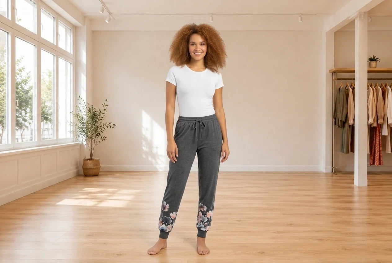 Model wearing Women's Medium Loungewear and Pajamas Women's Contrast-Print Jogger Pajama Pants in Online Warehouse Sale boutique studio