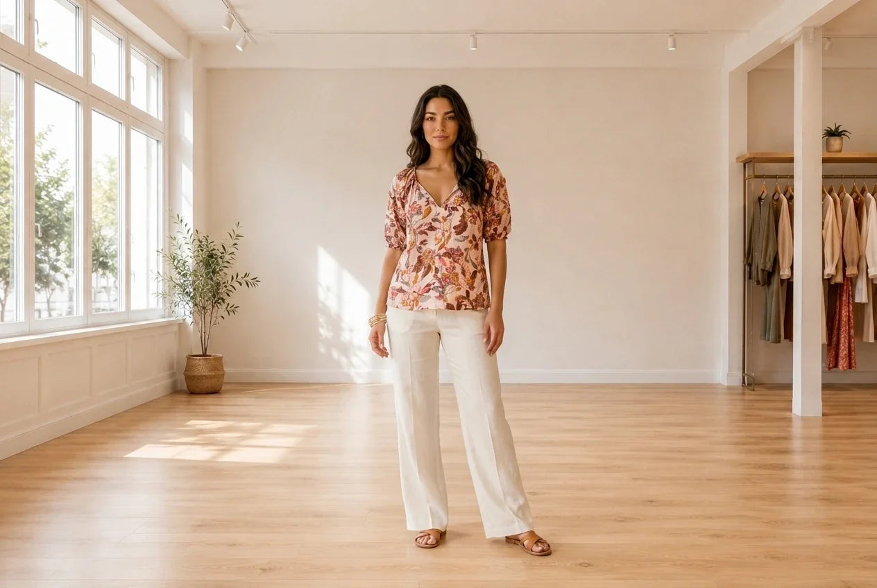 Model wearing Women's Medium Shirts and Blouses Women's Printed Split-Front Tunic in Online Warehouse Sale boutique studio