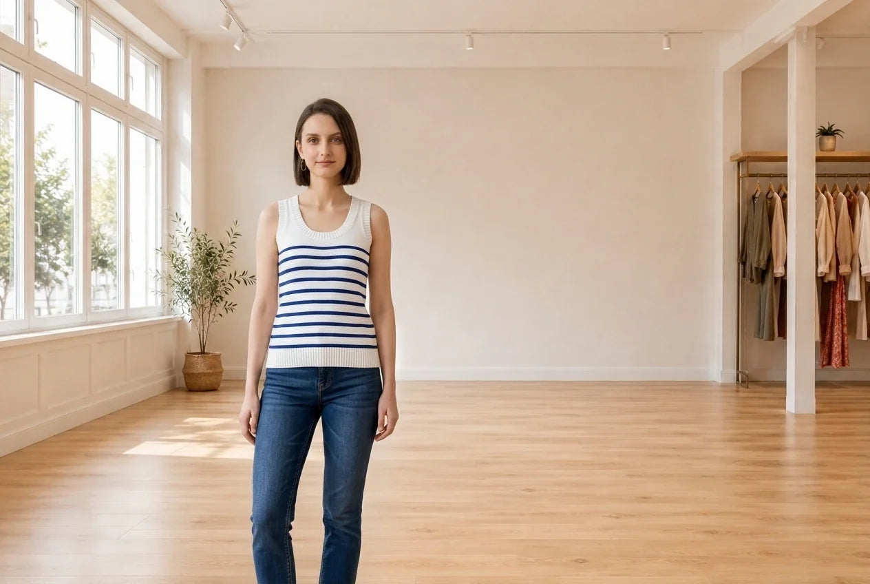 Model wearing Women's Medium Sweaters and Cardigans Women's Cotton Striped Sweater-Knit Tank in Online Warehouse Sale boutique studio
