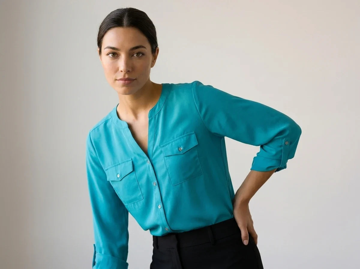 A woman wearing a turquoise long-sleeve button-up blouse with two chest pockets and black trousers, posing against a plain light gray background.