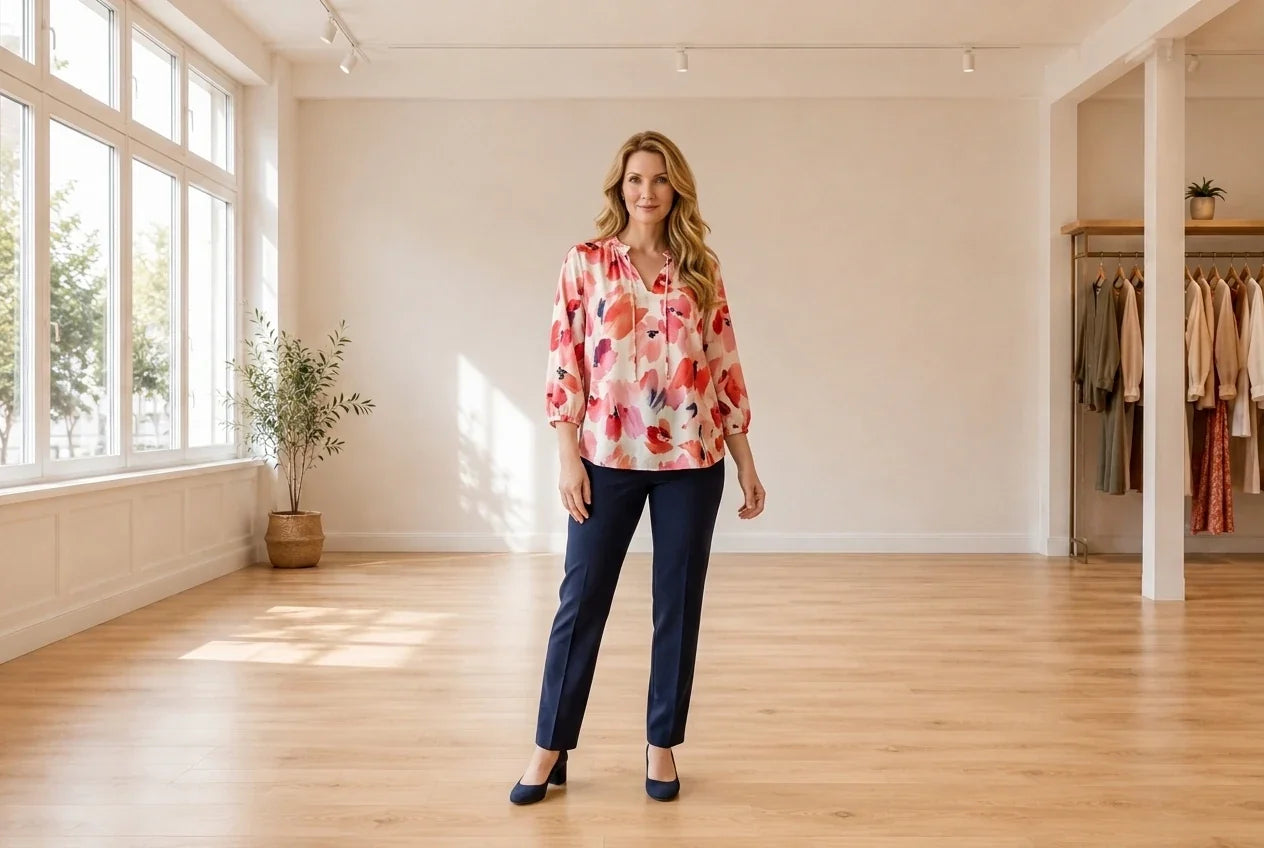 Model wearing Women's Petite Large Blouses Women's Petite Printed Blouse in Online Warehouse Sale boutique studio