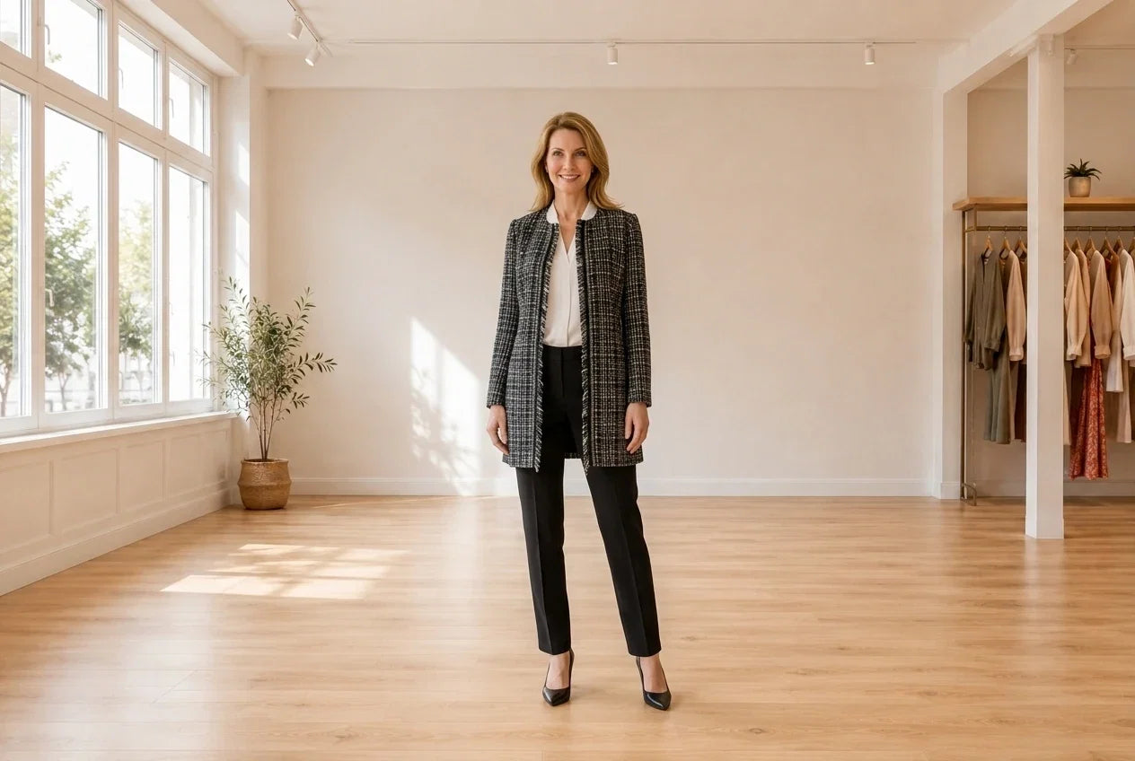 Model wearing Women's Petite Large Coats, Jackets and Blazers Women's Petite Fringe-Trim Topper Jacket in Online Warehouse Sale boutique studio