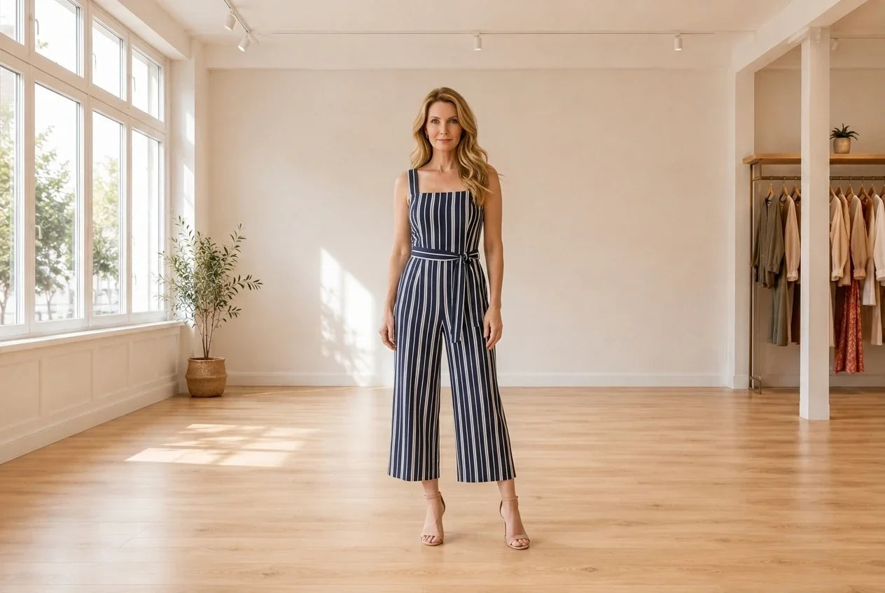 Model wearing Women's Petite Large Jumpsuits and Rompers Women's Petite Striped Jumpsuit in Online Warehouse Sale boutique studio