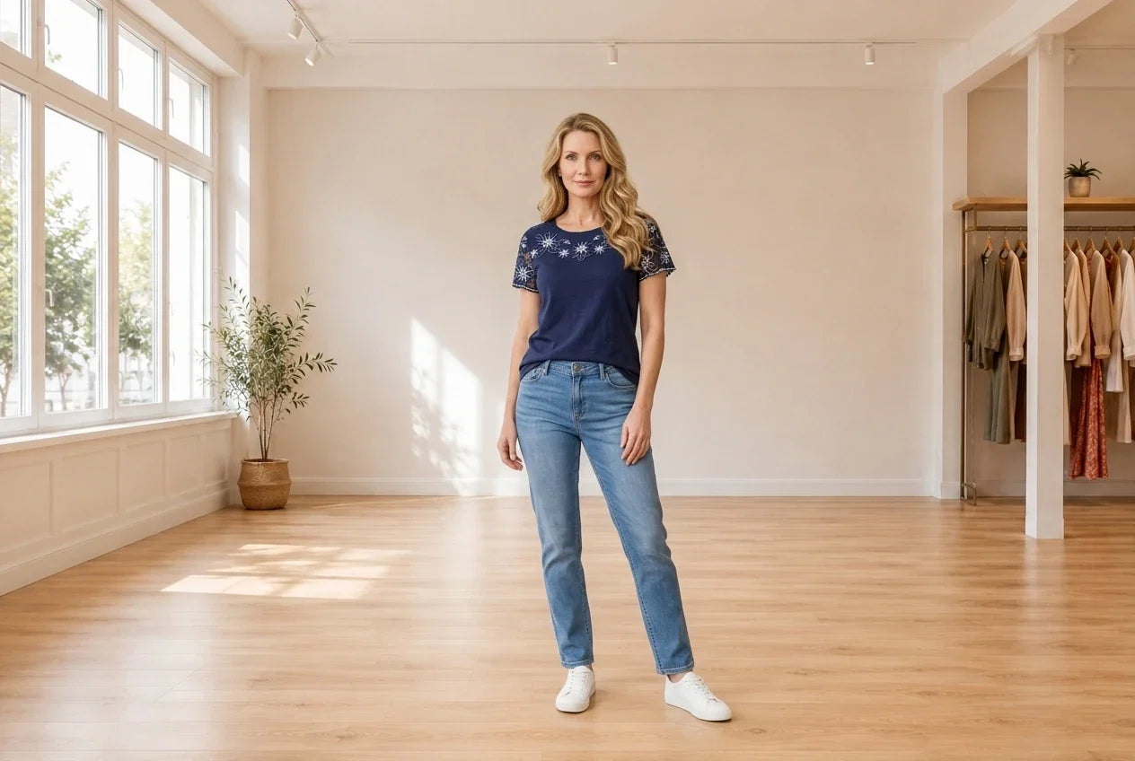 Model wearing Women's Petite Large T-Shirts Women's Petite Embroidered T-Shirt in Online Warehouse Sale boutique studio