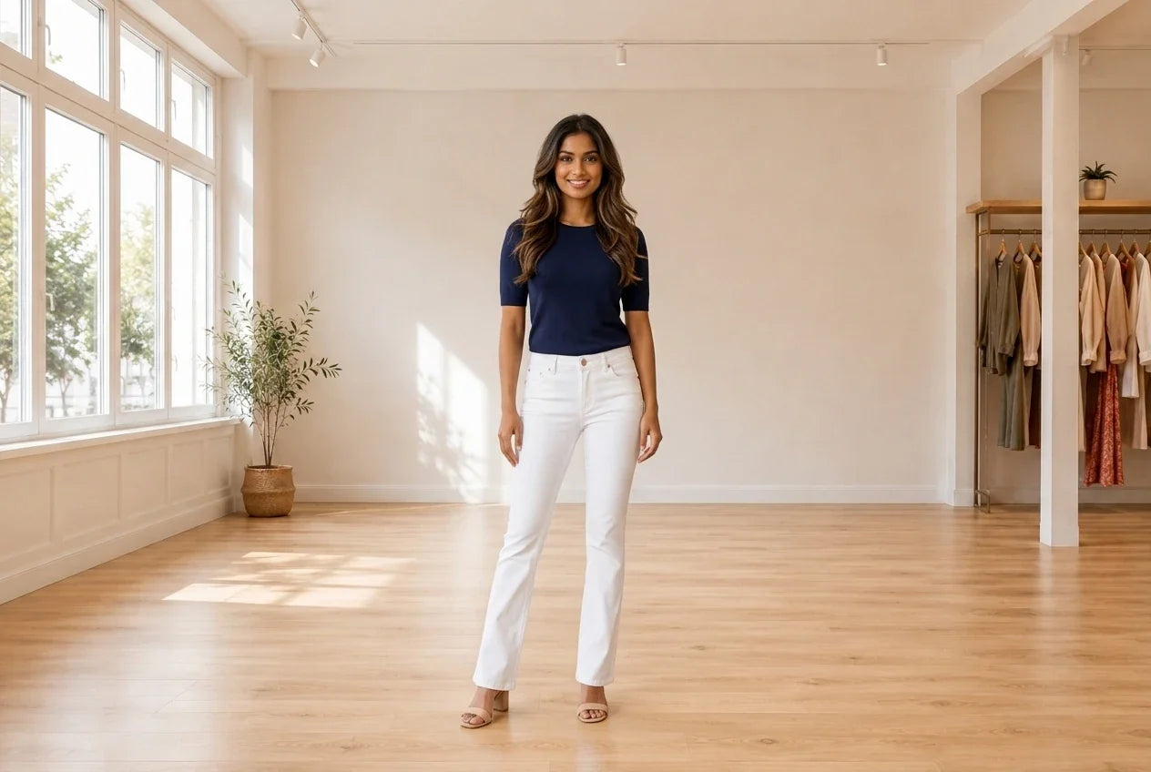 Model wearing Women's Petite Medium Bottoms Women's Petite White Boot-Cut Jeans in Online Warehouse Sale boutique studio