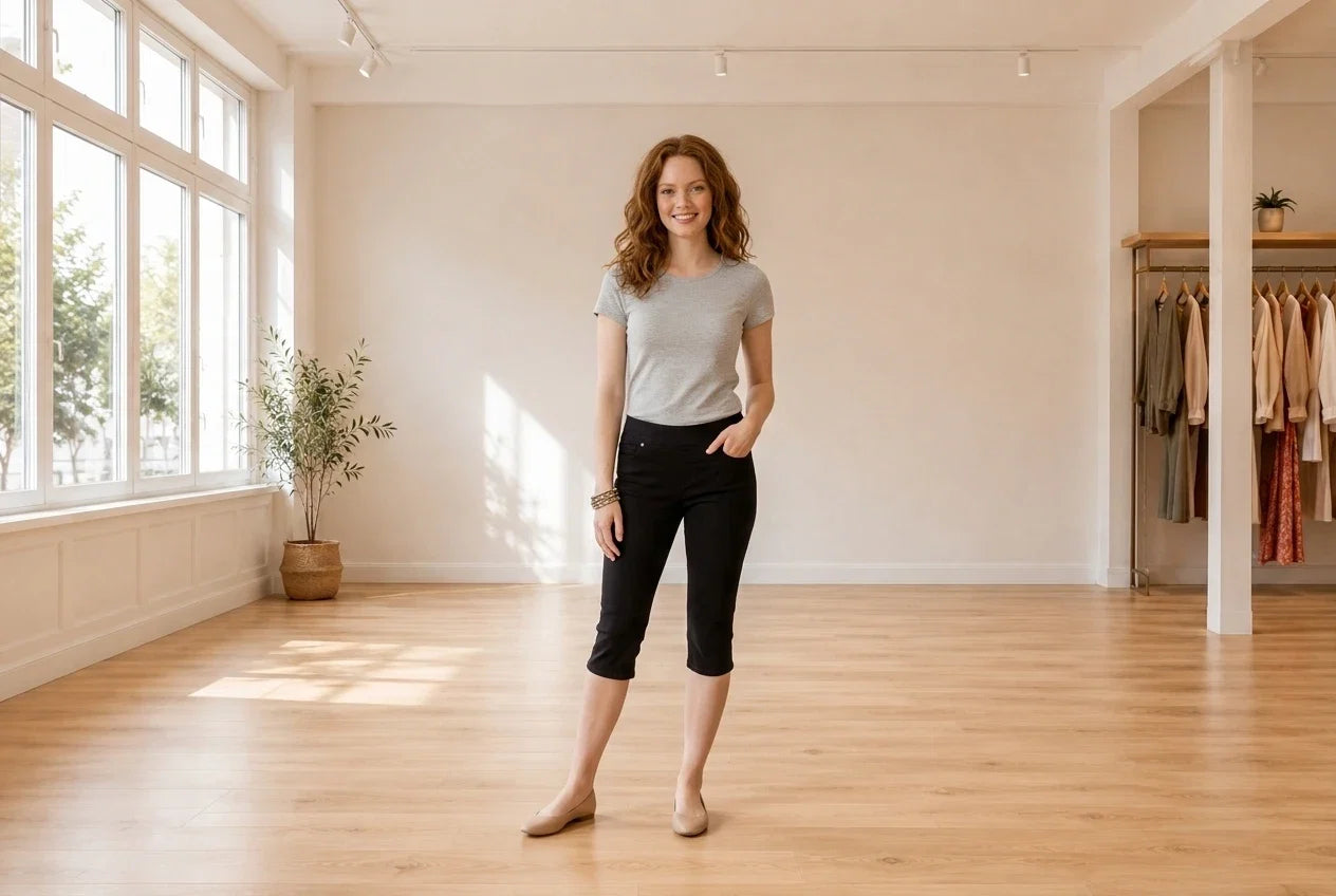 Model wearing Women's Petite Medium Jeans Women's Petite Avery Pull-On Skimmer Jeans in Online Warehouse Sale boutique studio