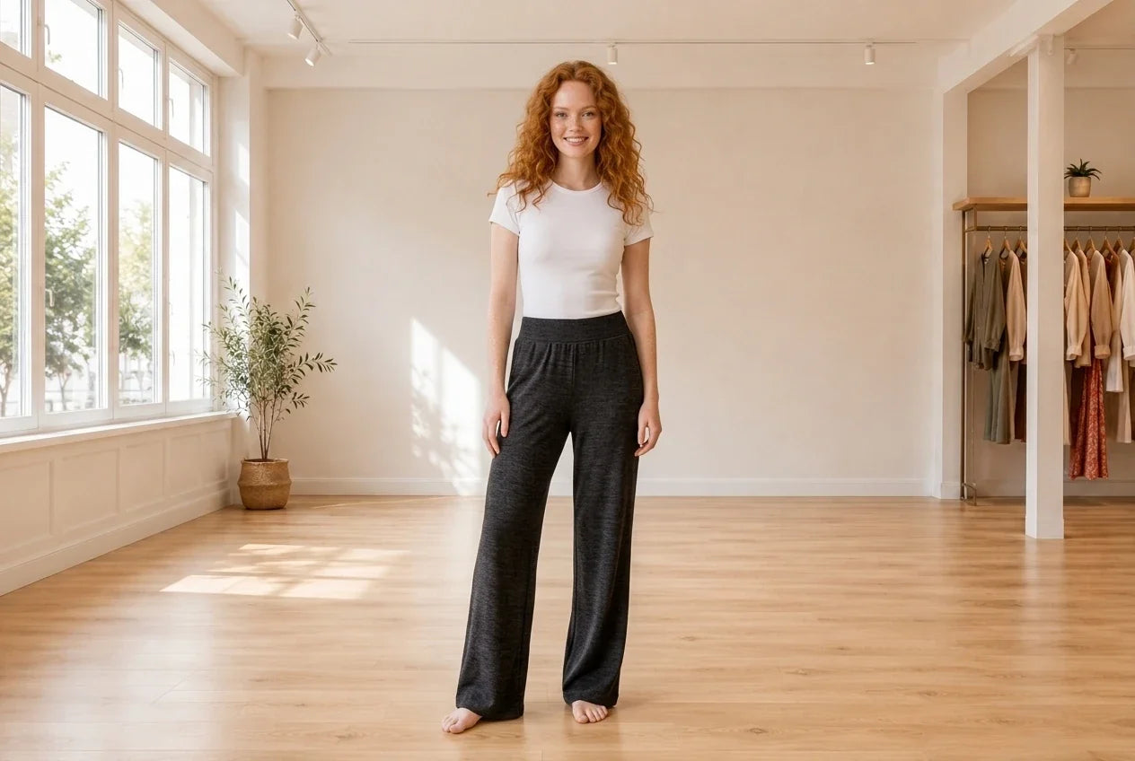 Model wearing Women's Petite Medium Loungewear and Pajamas Women's Petite Modern Lounge Wide-Leg Pants in Online Warehouse Sale boutique studio