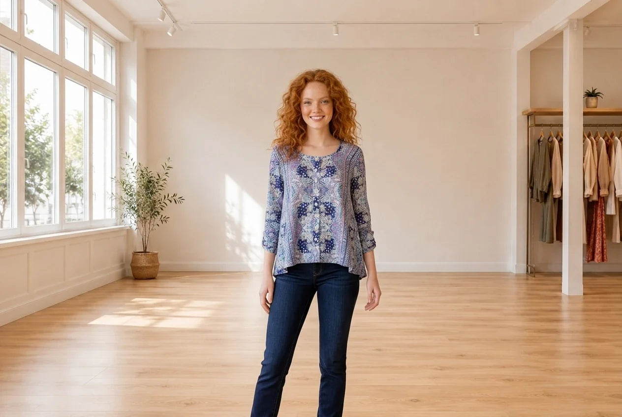 Model wearing Women's Petite Medium Shirts and Blouses Women's Petite Printed Swing Blouse in Online Warehouse Sale boutique studio