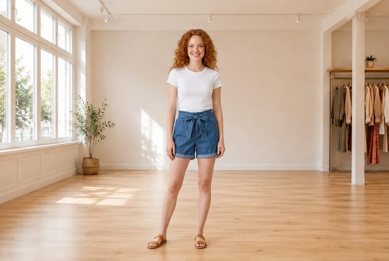 Model wearing Women's Petite Medium Shorts Women's Petite Tie-Front Denim Shorts in Online Warehouse Sale boutique studio