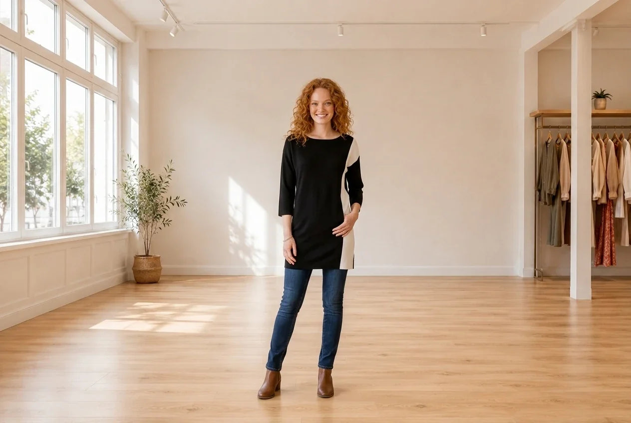 Model wearing Women's Petite Medium Sweaters and Cardigans Women's Petite Tencel Colorblocked Boat-Neck Sweater in Online Warehouse Sale boutique studio