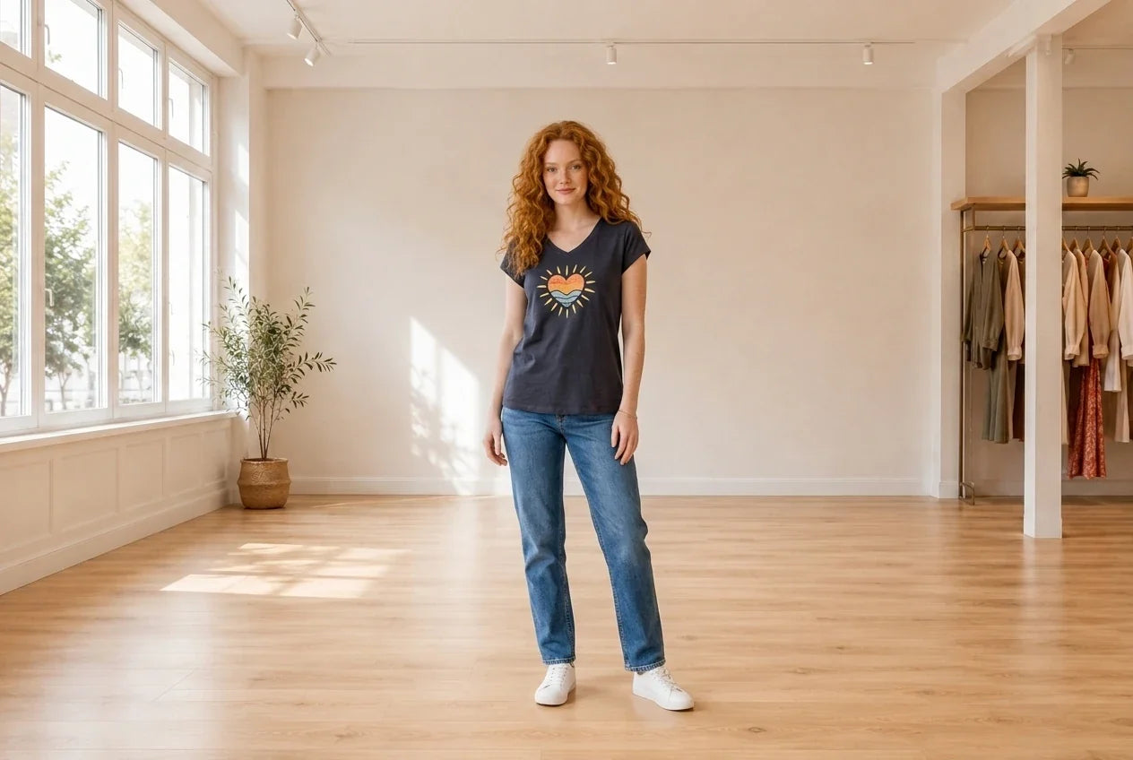 Model wearing Women's Petite Medium T-Shirts Women's Petite Graphic-Print V-Neck T-Shirt in Online Warehouse Sale boutique studio