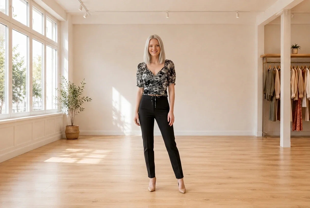 Model wearing Women's Petite Medium Tops Women's Petite V-Neck Ruched-Front Top in Online Warehouse Sale boutique studio