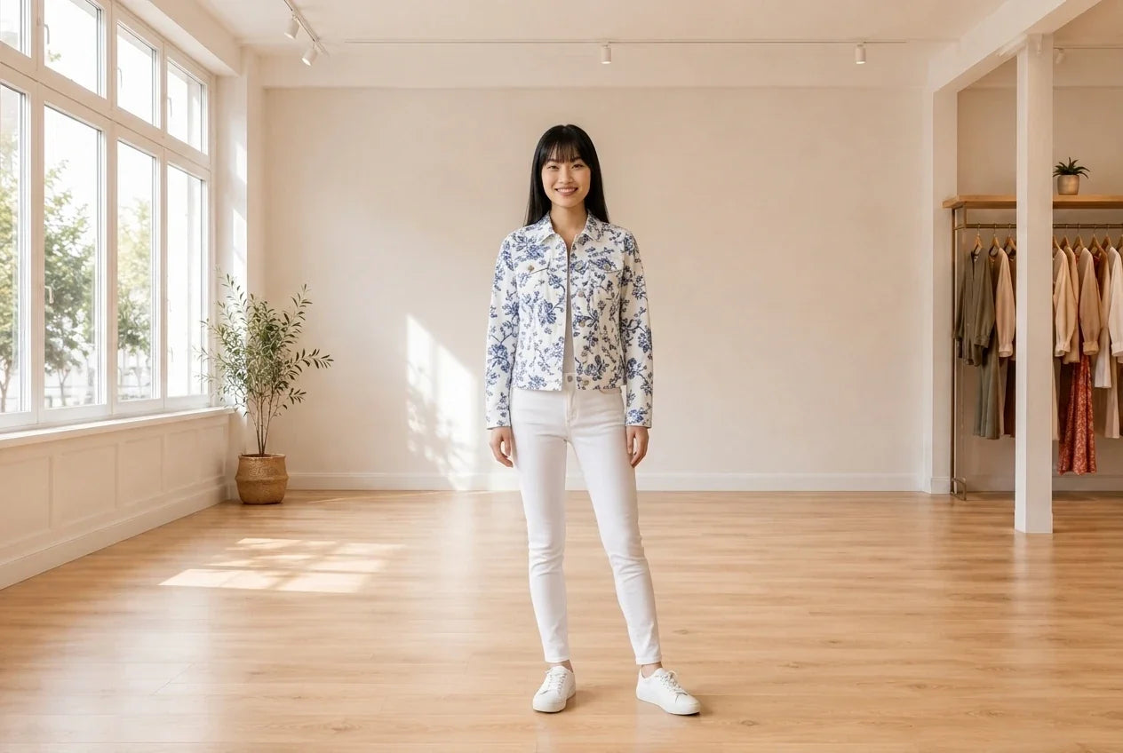 Model wearing Women's Petite Small Coats, Jackets and Blazers Women's Petite Printed Denim Jacket in Online Warehouse Sale boutique studio