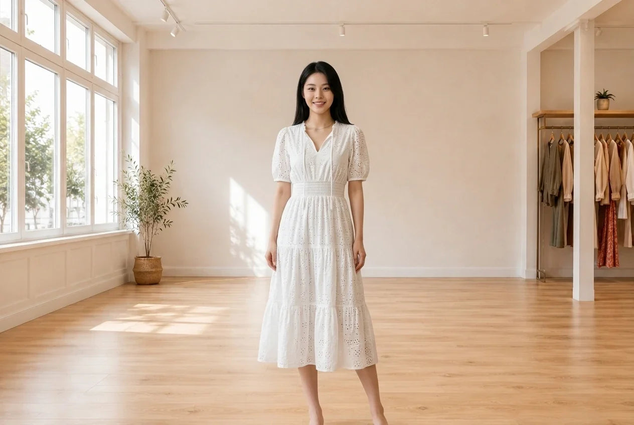 Model wearing Women's Petite Small Dresses Women's Petite Embroidered Smocked-Waist Dress in Online Warehouse Sale boutique studio