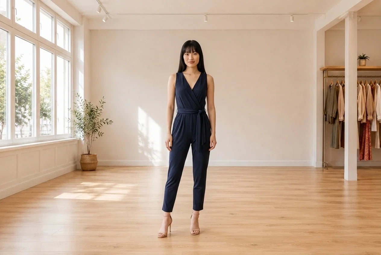 Model wearing Women's Petite Small Jumpsuits and Rompers Women's Petite Jersey Surplice Jumpsuit in Online Warehouse Sale boutique studio