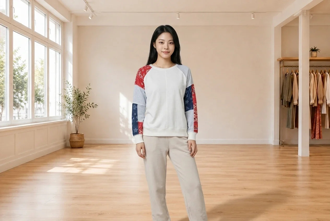 Model wearing Women's Petite Small Loungewear and Pajamas Women's Petite Patchwork Sweatshirt in Online Warehouse Sale boutique studio