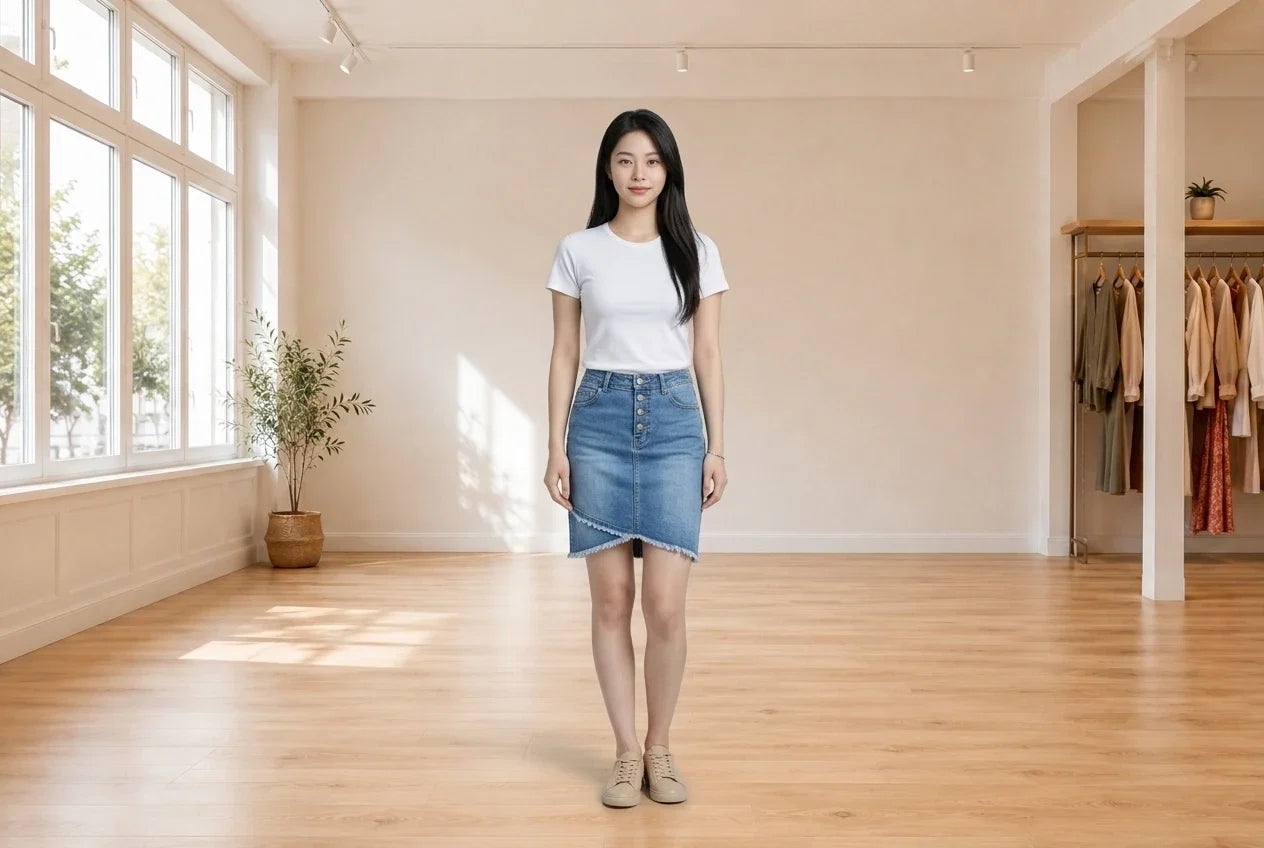 Model wearing Women's Petite Small Skirt Women's Petite Frayed Petal-Hem Denim Skirt in Online Warehouse Sale boutique studio
