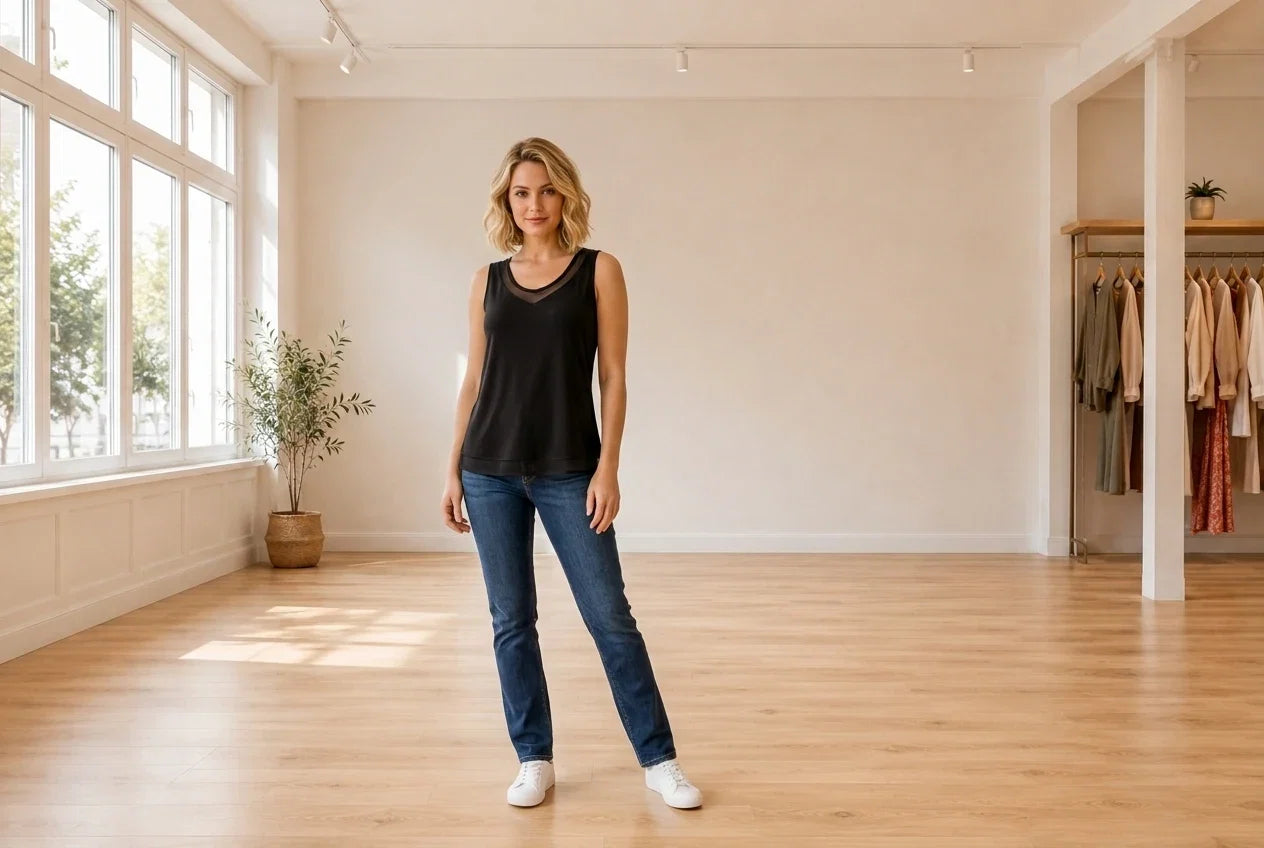 Model wearing Women's Petite Small T-Shirts Women's Petite Illusion-Trim Tank Top in Online Warehouse Sale boutique studio