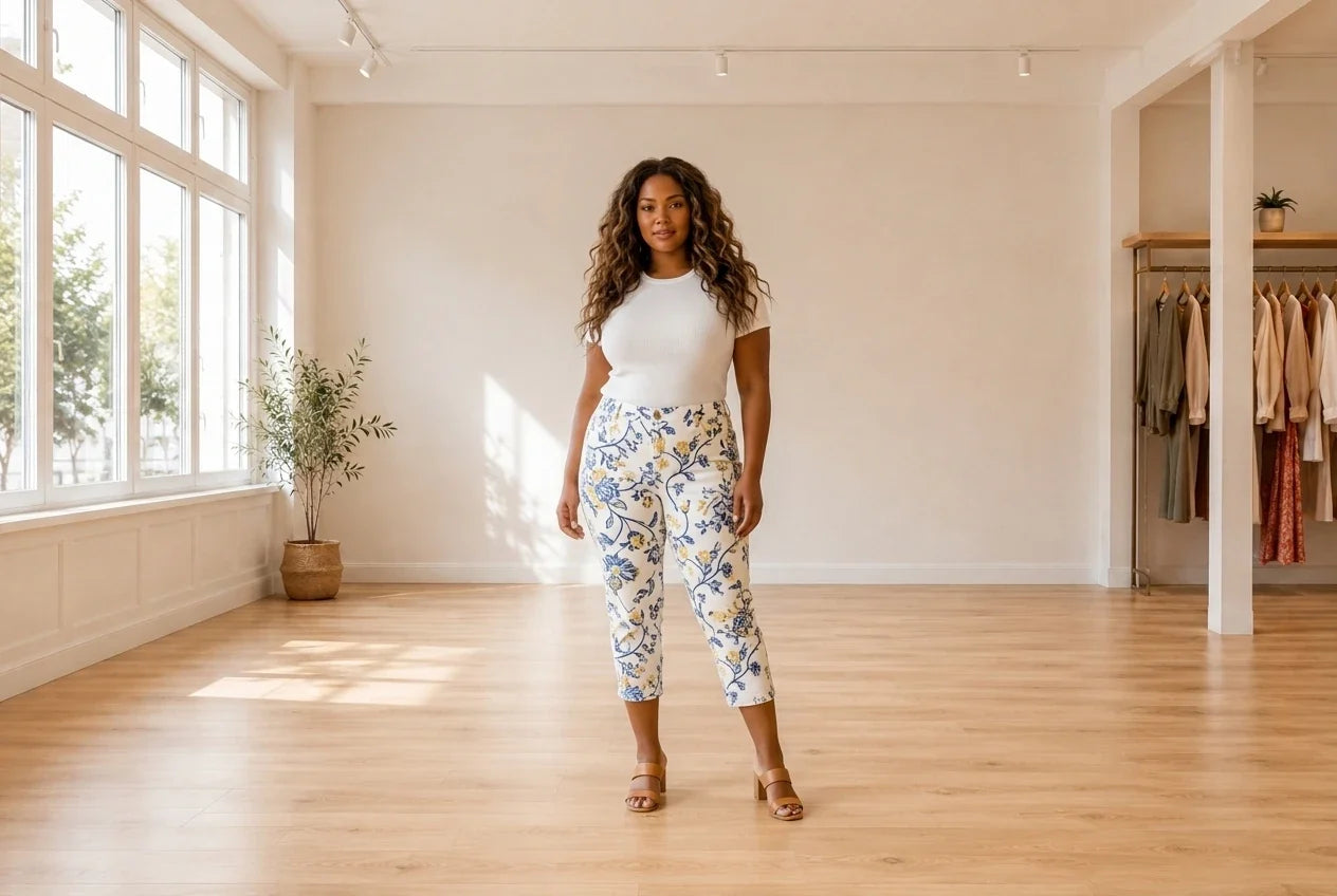 Model wearing Women's Petite X-Large Bottoms Women's Petite Tummy-Control Floral Capri Jeans in Online Warehouse Sale boutique studio