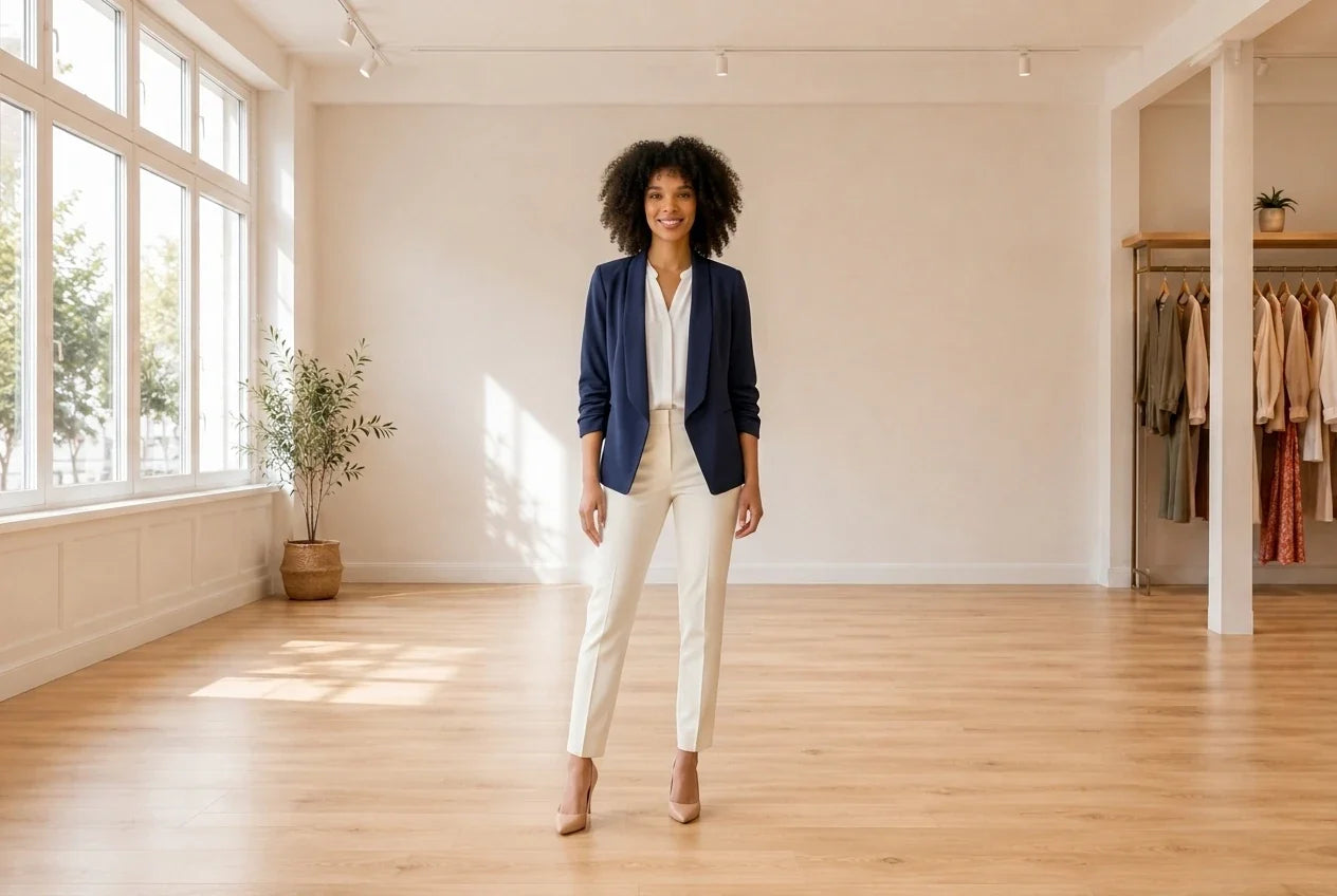 Model wearing Women's Petite X-Large Coats, Jackets and Blazers Women's Petite Ruched-Sleeve Open Blazer in Online Warehouse Sale boutique studio