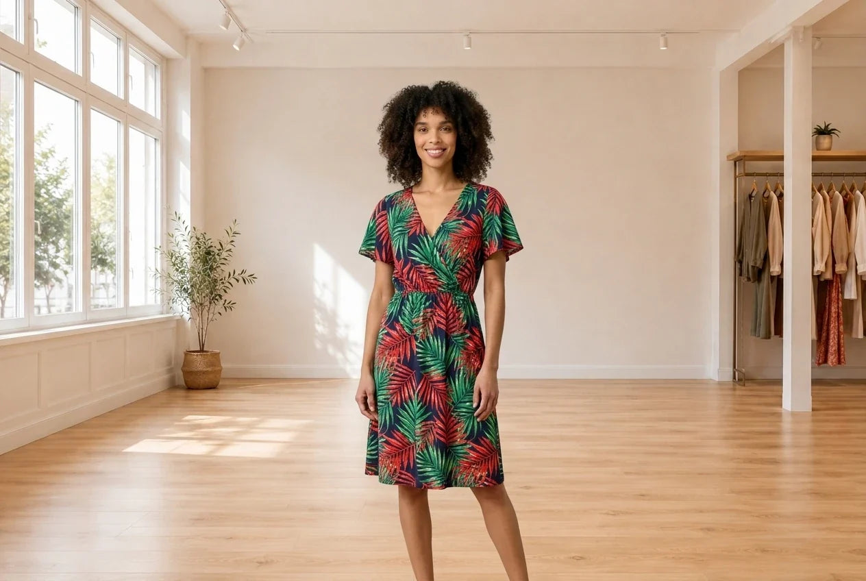 Model wearing Women's Petite X-Large Dresses Women's Petite Tropical-Print Dress in Online Warehouse Sale boutique studio