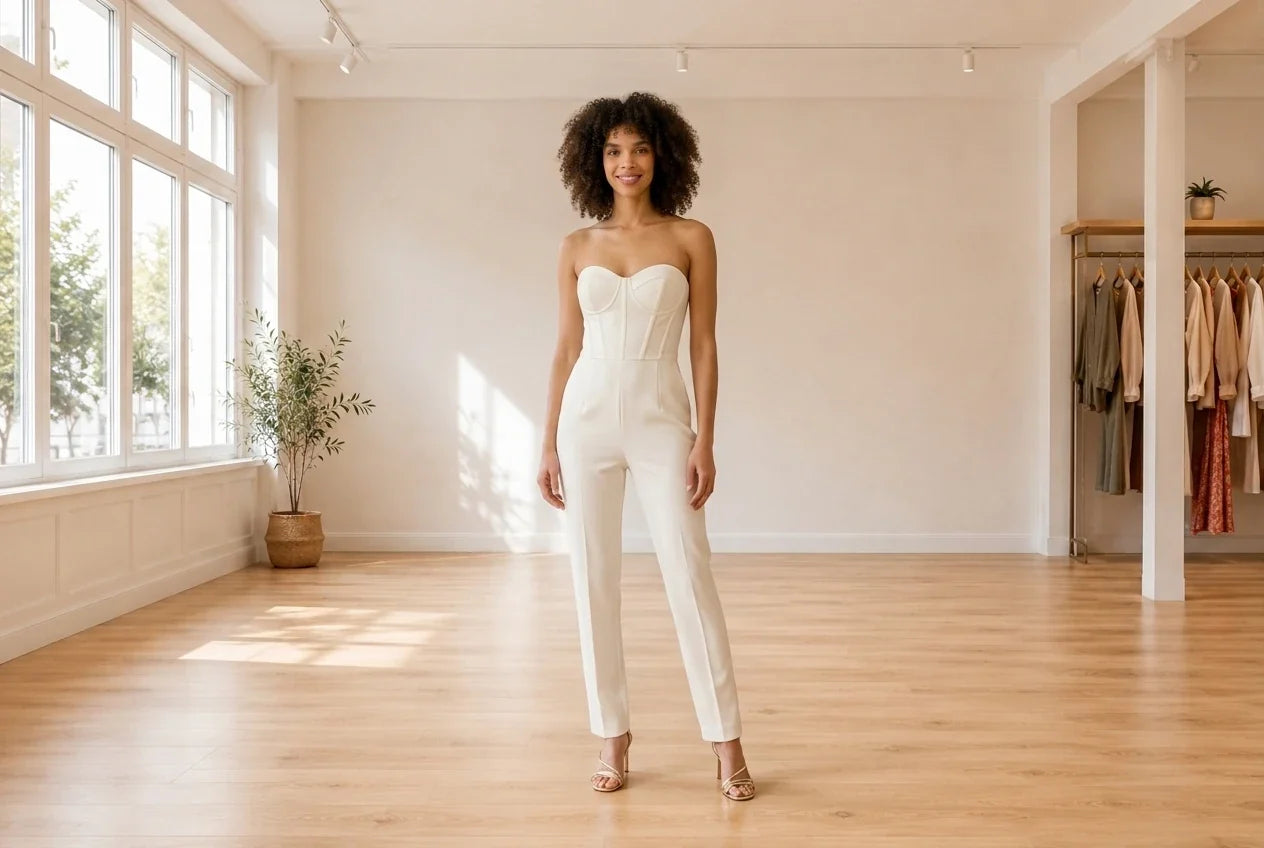 Model wearing Women's Petite X-Large Jumpsuits and Rompers Women's Petite Corset-Top Jumpsuit in Online Warehouse Sale boutique studio