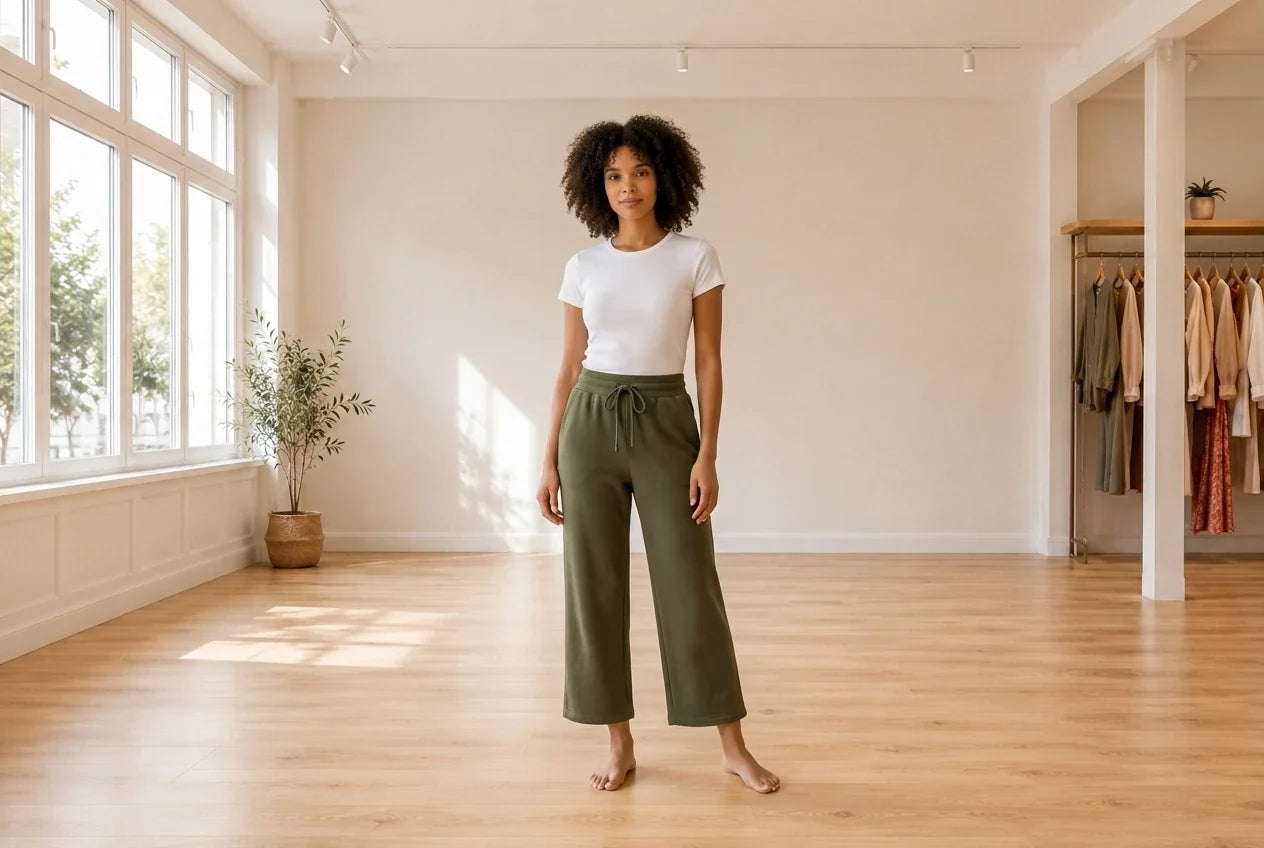 Model wearing Women's Petite X-Large Loungewear and Pajamas Women's Petite Wide-Leg Cropped Joggers in Online Warehouse Sale boutique studio