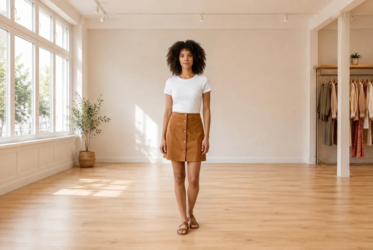 Model wearing Women's Petite X-Large Skirt Women's Petite Faux-Suede A-Line Skirt in Online Warehouse Sale boutique studio